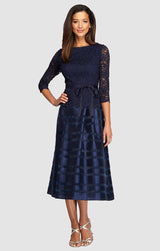 Petite Cocktail Dress with Lace Bodice, Illusion 3/4 Sleeves & Striped Organza Skirt
