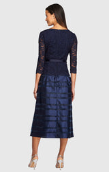 Petite Cocktail Dress with Lace Bodice, Illusion 3/4 Sleeves & Striped Organza Skirt