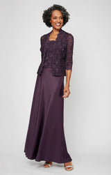 Petite Lace & Satin Gown with 3/4 Sleeve Scalloped Lace Sequin Jacket