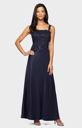 Petite Lace & Satin Gown with 3/4 Sleeve Scalloped Lace Sequin Jacket