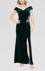 Off the Shoulder Velvet Gown With Surplice Sweetheart Neckline, Beaded Hip Detail and Front Slit