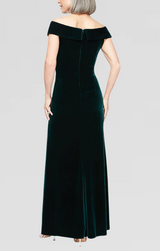 Off the Shoulder Velvet Gown With Surplice Sweetheart Neckline, Beaded Hip Detail and Front Slit