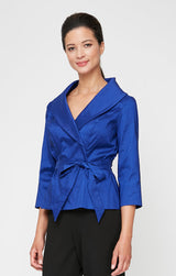 3/4 Sleeve Surplice Stretch Taffeta Blouse with Collar and Tie Waist Detail