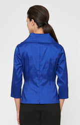 3/4 Sleeve Surplice Stretch Taffeta Blouse with Collar and Tie Waist Detail