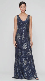 Long Sleeveless Stretch Sequin V-Neck Dress