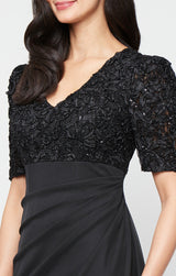 Long Empire Waist Dress with Soutache Bodice, Puff Sleeve Detail and Cascade Ruffle Skirt