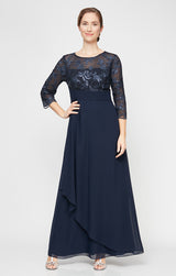 3/4 Sleeve Gown with Embroidered Sequin Bodice, Pleated Waist & Cascade Skirt