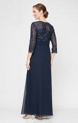3/4 Sleeve Gown with Embroidered Sequin Bodice, Pleated Waist & Cascade Skirt