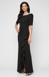 Plus Embellished Stretch Crepe Dress with Elbow Sleeves and Cascade Detail Skirt