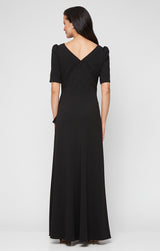 Embellished Stretch Crepe Dress with Elbow Sleeves and Cascade Detail Skirt