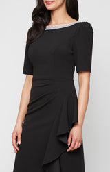 Embellished Stretch Crepe Dress with Elbow Sleeves and Cascade Detail Skirt