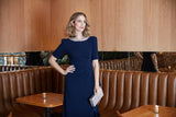 Embellished Stretch Crepe Dress with Elbow Sleeves and Cascade Detail Skirt