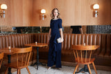 Embellished Stretch Crepe Dress with Elbow Sleeves and Cascade Detail Skirt