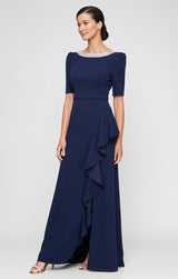 Embellished Stretch Crepe Dress with Elbow Sleeves and Cascade Detail Skirt