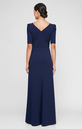 Embellished Stretch Crepe Dress with Elbow Sleeves and Cascade Detail Skirt