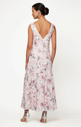 Petite Tea-Length Cowl Neck Printed Dress with High/Low Skirt and Shawl