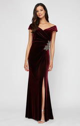 Petite Long Off the Shoulder Fit and Flare Dress With Surplice Sweetheart Neckline, Beaded Hip Detail and Front Slit