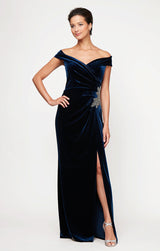 Off the Shoulder Velvet Gown With Surplice Sweetheart Neckline, Beaded Hip Detail and Front Slit