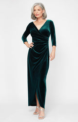 Long Surplice Neckline Velvet Dress with Tulip Overlay Hem Skirt and 3/4 Sleeves