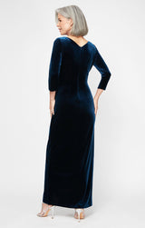 Long Surplice Neckline Velvet Dress with Tulip Overlay Hem Skirt and 3/4 Sleeves