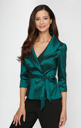 Plus 3/4 Sleeve Surplice Stretch Taffeta Blouse with Collar and Tie Waist Detail