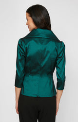 Plus 3/4 Sleeve Surplice Stretch Taffeta Blouse with Collar and Tie Waist Detail