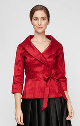 3/4 Sleeve Surplice Stretch Taffeta Blouse with Collar and Tie Waist Detail