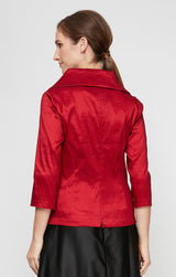 3/4 Sleeve Surplice Stretch Taffeta Blouse with Collar and Tie Waist Detail