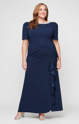 Plus Embellished Stretch Crepe Dress with Elbow Sleeves and Cascade Detail Skirt
