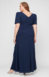 Plus Embellished Stretch Crepe Dress with Elbow Sleeves and Cascade Detail Skirt