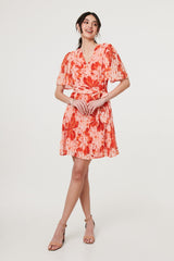 Floral Pleated Angel Sleeve Mini Dress