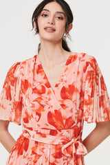 Floral Pleated Angel Sleeve Mini Dress