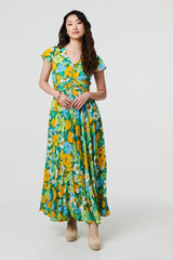 Floral Ruched Cap Sleeve Maxi Dress