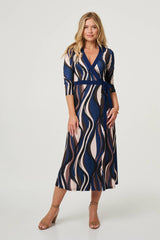Striped 3/4 Sleeve Midi Wrap Dress