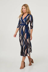 Striped 3/4 Sleeve Midi Wrap Dress