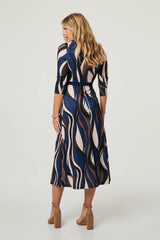 Striped 3/4 Sleeve Midi Wrap Dress