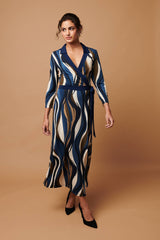Striped 3/4 Sleeve Midi Wrap Dress