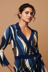 Striped 3/4 Sleeve Midi Wrap Dress