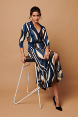 Striped 3/4 Sleeve Midi Wrap Dress