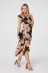 Floral Frill Asymmetric Wrap Midi Dress