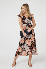 Floral Frill Asymmetric Wrap Midi Dress