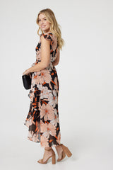Floral Frill Asymmetric Wrap Midi Dress