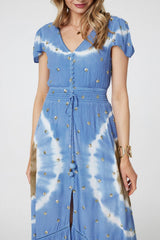 Tie Dye Print Shirred Tie Waist Midi Dress