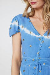 Tie Dye Print Shirred Tie Waist Midi Dress