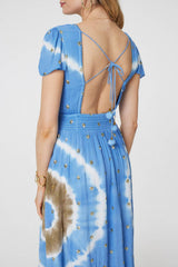 Tie Dye Print Shirred Tie Waist Midi Dress