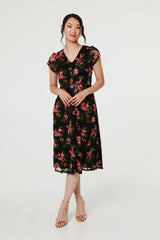 Floral Cap Sleeve Shirred Midi Dress