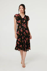 Floral Cap Sleeve Shirred Midi Dress