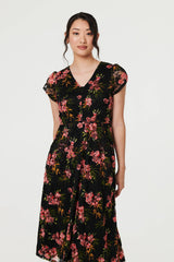 Floral Cap Sleeve Shirred Midi Dress