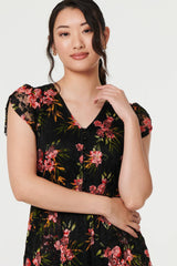 Floral Cap Sleeve Shirred Midi Dress