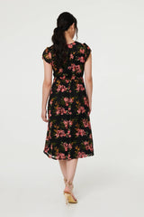 Floral Cap Sleeve Shirred Midi Dress